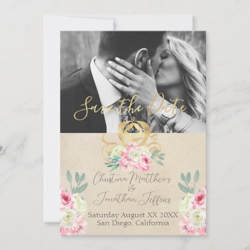 Gold Carriage and Pink Flowers Fairy Tale Wedding Save The Date