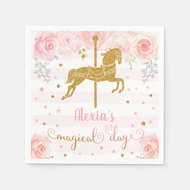 Gold carrousel girl birthday paper napkins. napkins (Front)