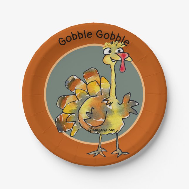 Gold Cartoon Turkey Gobble Paper Plates (Front)