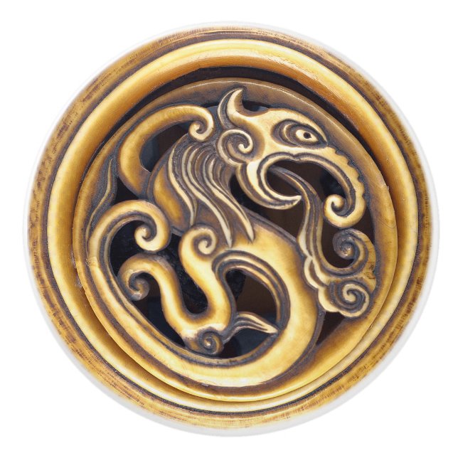Gold Carved Dragon Oriental Netsuke Maculine Yang Ceramic Knob (Front)