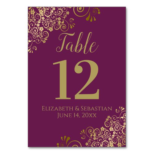 Gold  Cassis Purple Elegant Frilly Wedding Table Number