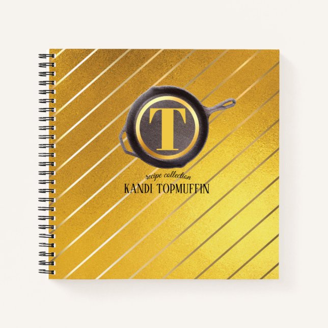 Gold cast iron pan personalized recipe cookbook notebook (Front)