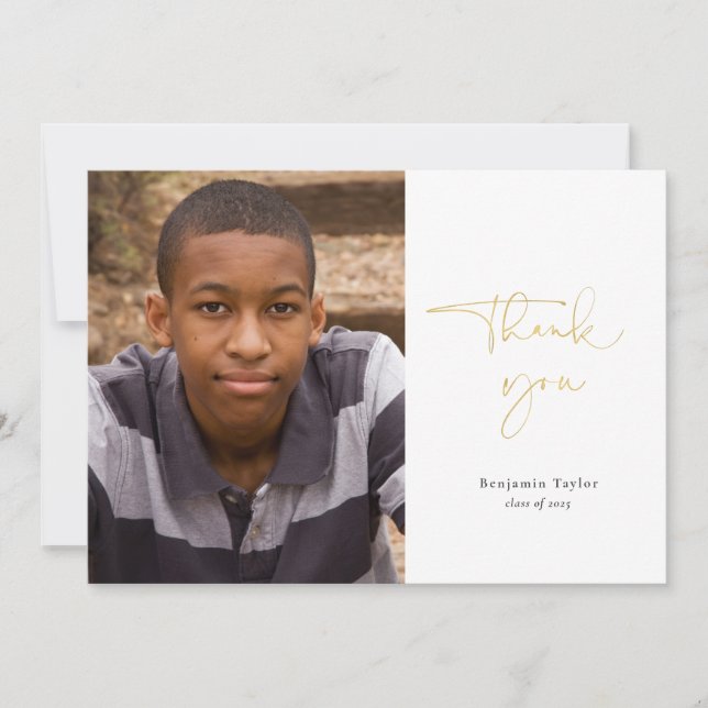 Gold Casual Script Photo Graduation Thank You Card (Front)