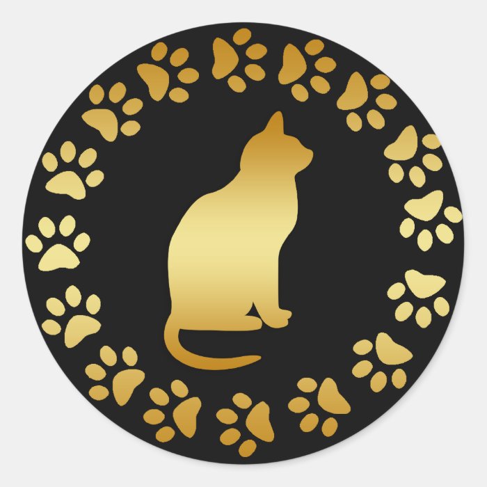 GOLD CAT AND PAWS ROUND STICKERS