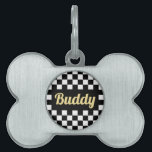 Gold Cat Dog Name Modern Black White Checkered Pet ID Tag<br><div class="desc">Create your own custom, personalized, bold faux gold rustic vintage western script / typography custom name at front and back, and retro cool chic stylish geometric trendy black white checkered chequered checks checkers pattern background, UV resistant and waterproof, burnished silver bone-shaped pet dog cat doggy puppy kitten kitty ID name...</div>
