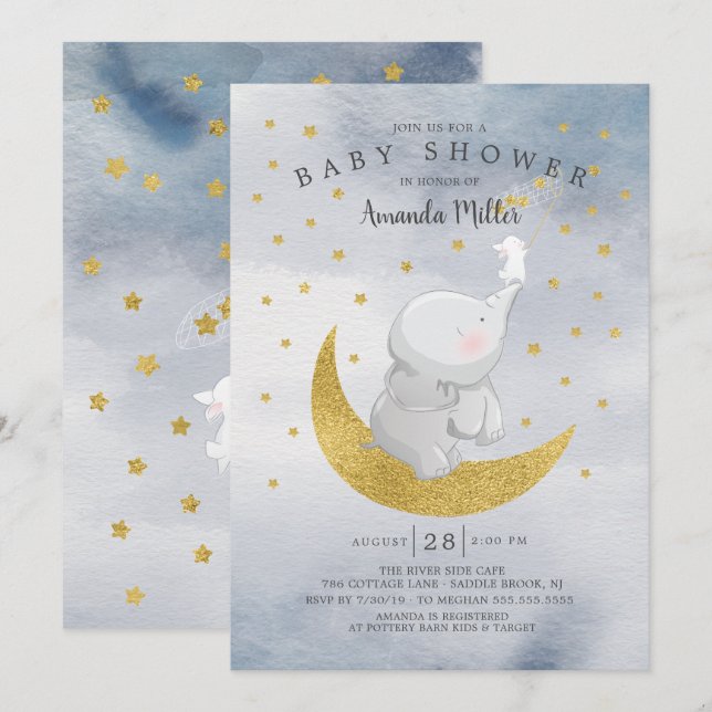 Gold Catch A Star Bunny Elephant Baby Boy Shower Invitation (Front/Back)