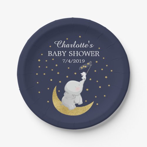 Gold Catch A Star Bunny Elephant Baby Shower Paper Plates