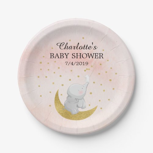 Gold Catch A Star Bunny Elephant Girls Baby Shower Paper Plates