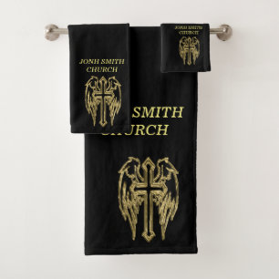 Gold catholic cross with wings bath towel set