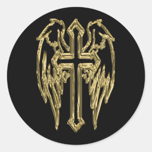 Gold catholic cross with wings classic round sticker