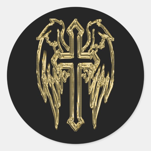 Gold catholic cross with wings classic round sticker (Front)