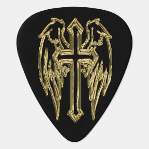 Gold catholic cross with wings guitar pick