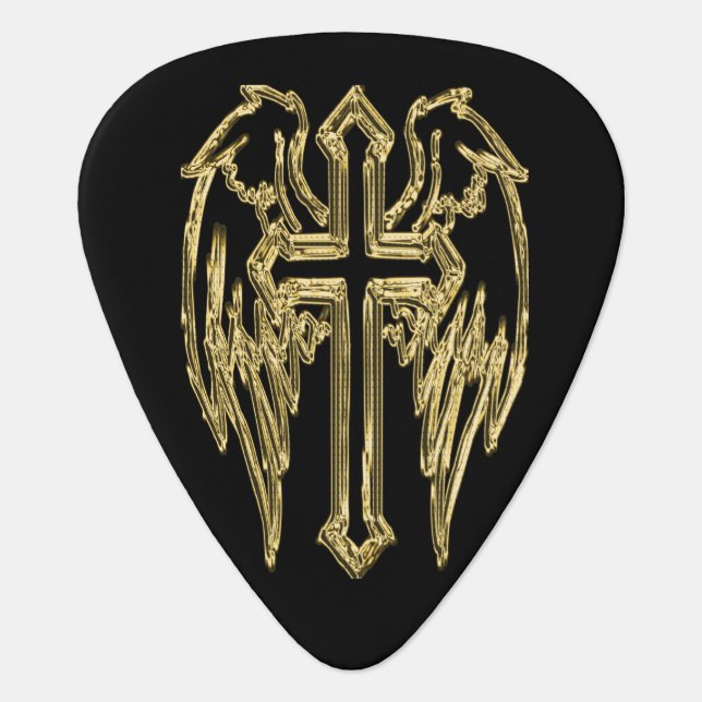 Gold catholic cross with wings guitar pick (Front)