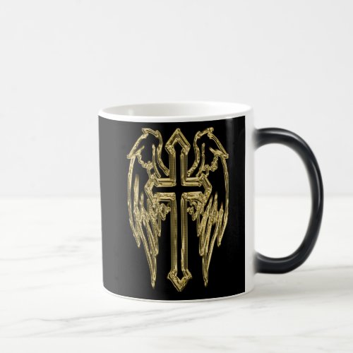 Gold catholic cross with wings magic mug