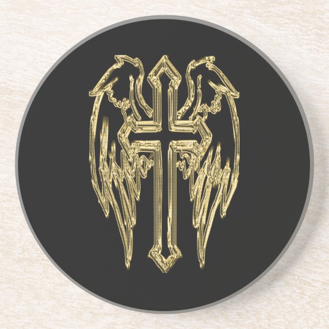 Gold catholic cross with wings sandstone coaster (Front)