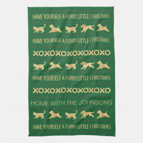 GOLD CATS DOGS FURRY CHRISTMAS KITCHEN TOWEL