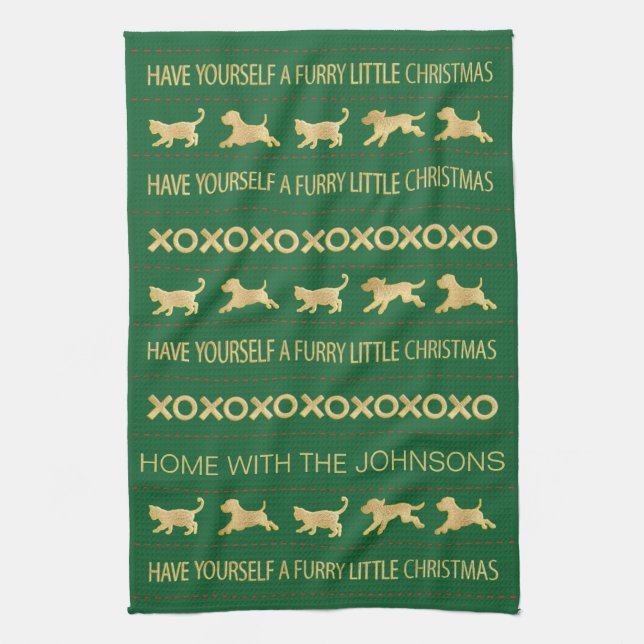 GOLD CATS DOGS FURRY CHRISTMAS KITCHEN TOWEL (Vertical)