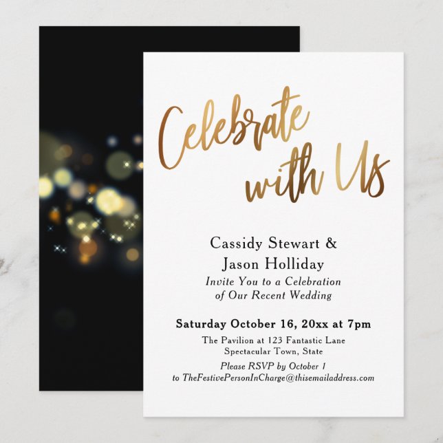 Gold Celebrate with Us Bokeh Black Back Reception Invitation (Front/Back)