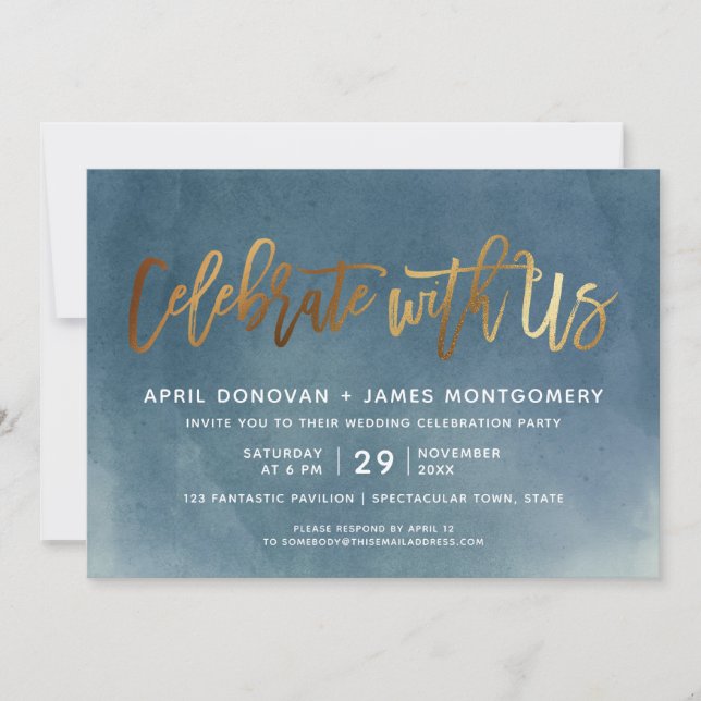 Gold Celebrate with Us Brush Typography Wedding Invitation (Front)