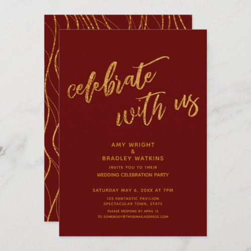 Gold Celebrate with Us Burgundy Wedding Reception Invitation