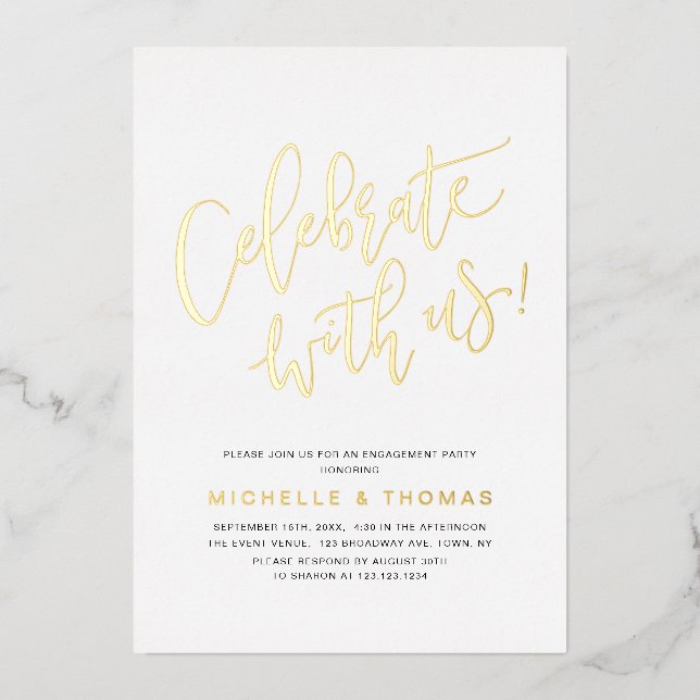Gold Celebrate With Us Script  Modern Simple Foil Invitation (Front)