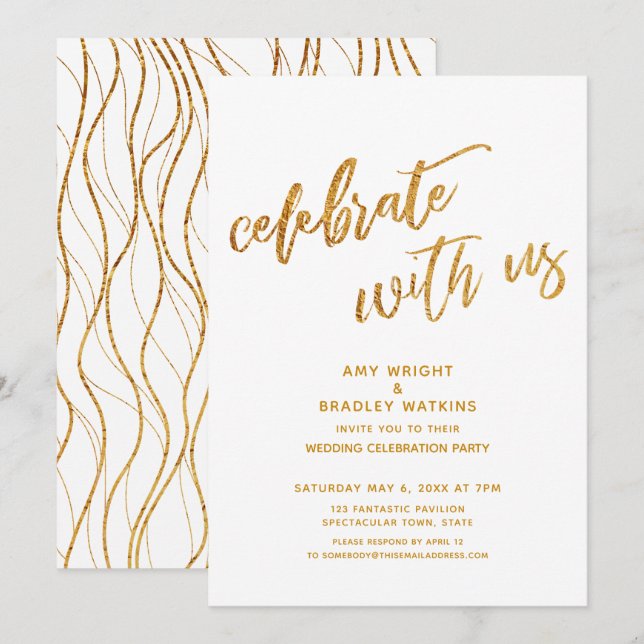 Gold Celebrate with Us White Wedding Reception Invitation (Front/Back)