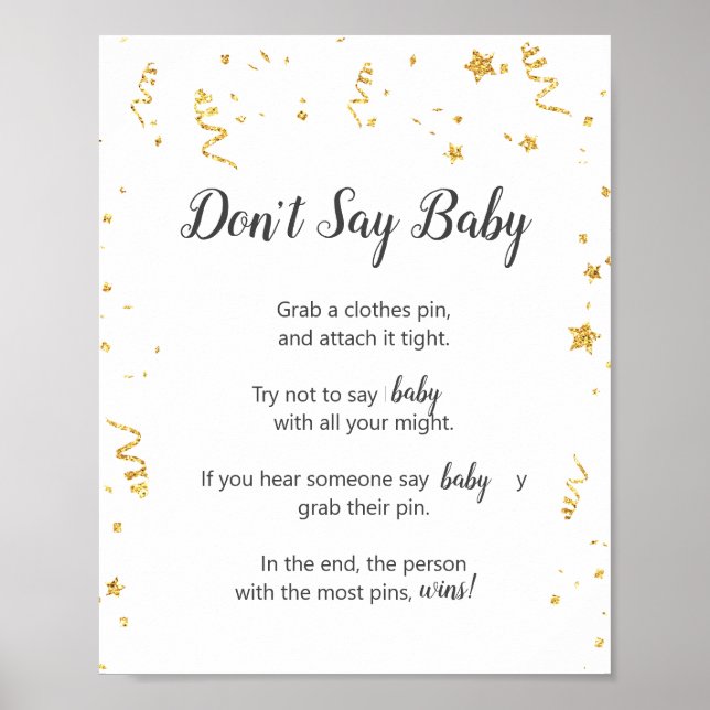 Gold Celebration Baby Shower Don't Say Baby Game Poster (Front)