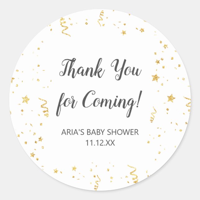Gold Celebration Baby Shower Favor Classic Round Sticker (Front)