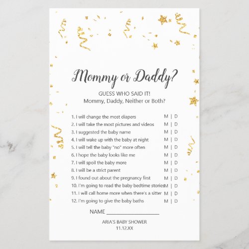Gold Celebration Baby Shower Mommy or Daddy Game Flyer