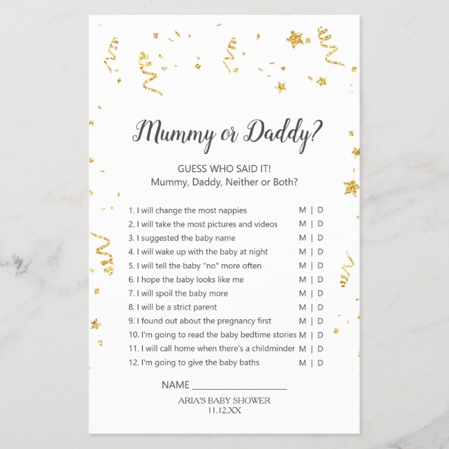 Gold Celebration Baby Shower Mummy or Daddy Game Flyer (Front)