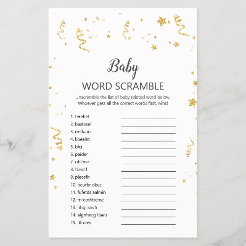 Gold Celebration Baby Word Scramble Game Flyer