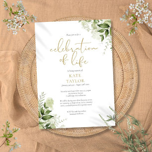 Gold Celebration of Life Greenery Floral Funeral Invitation
