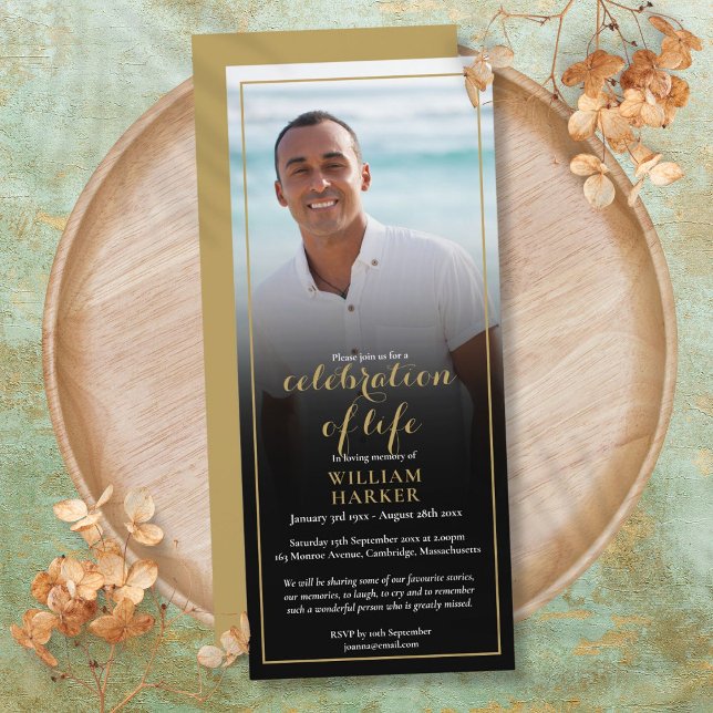 Gold Celebration of Life Photo Funeral Invitation (Gold Celebration of Life Photo Funeral Invitation)