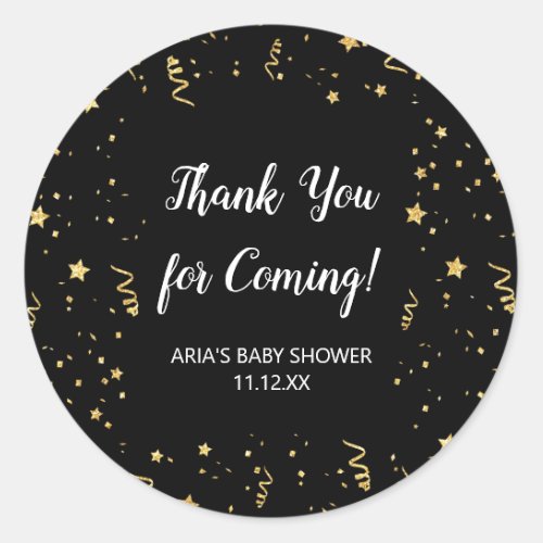 Gold Celebration on Black Baby Shower Favor Classic Round Sticker
