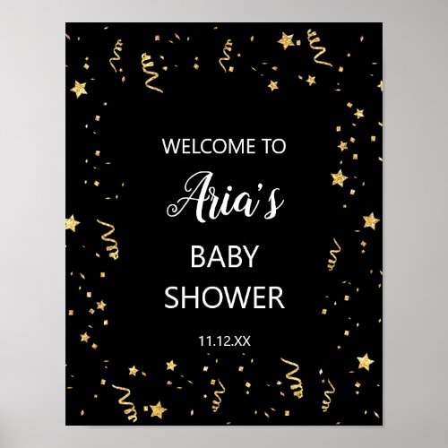 Gold Celebration on Black Baby Shower Welcome Sign