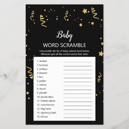 Gold Celebration on Black Baby Word Scramble Game Flyer