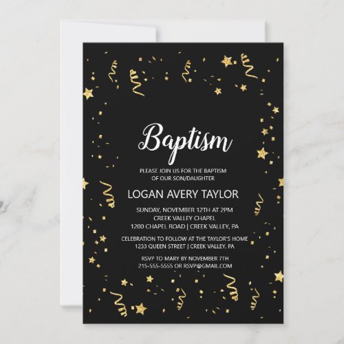 Gold Celebration on Black Baptism Invitation