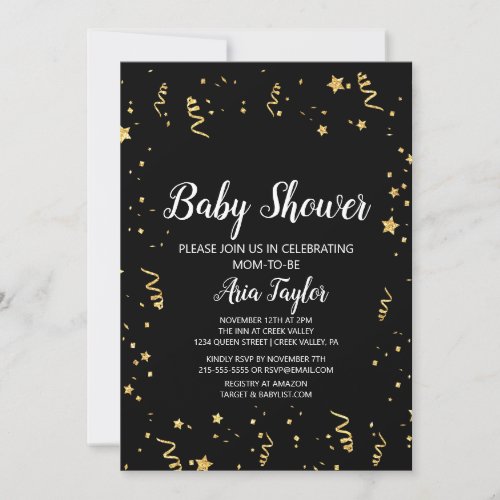 Gold Celebration on Black Calligraphy Baby Shower Invitation