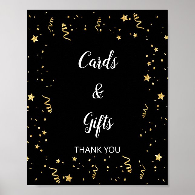 Gold Celebration on Black Cards & Gifts Sign (Front)