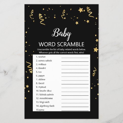 Gold Celebration on Black UK Baby Word Scramble Flyer