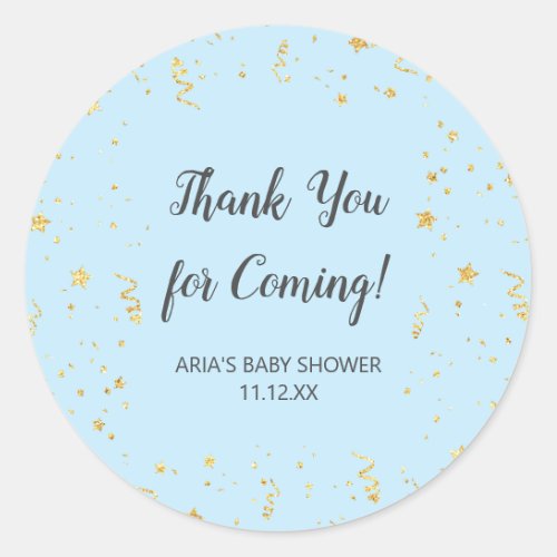 Gold Celebration on Blue Baby Shower Favor Classic Round Sticker