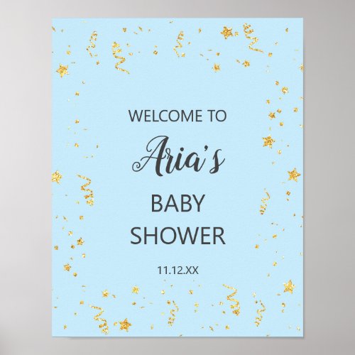 Gold Celebration on Blue Baby Shower Welcome Sign