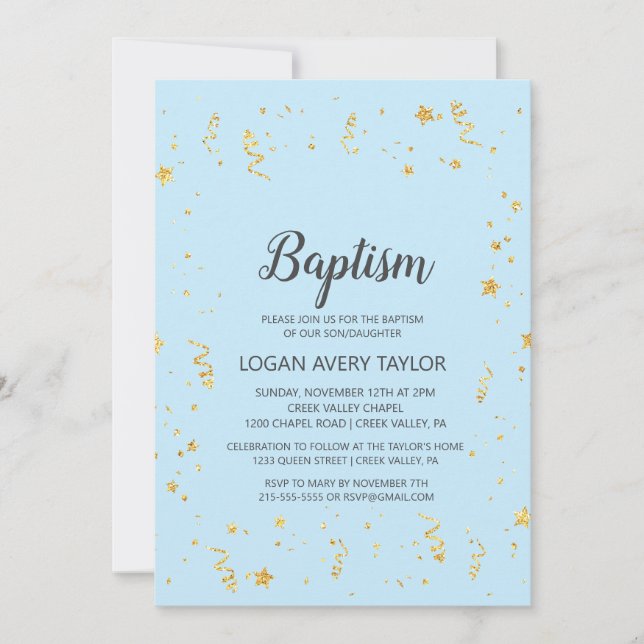 Gold Celebration on Blue Baptism Invitation (Front)