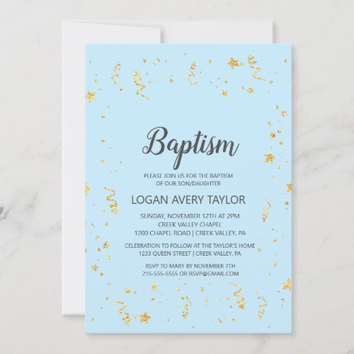 Gold Celebration on Blue Baptism Invitation