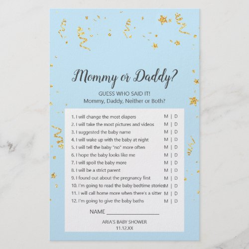 Gold Celebration on Blue Mommy or Daddy Game Flyer