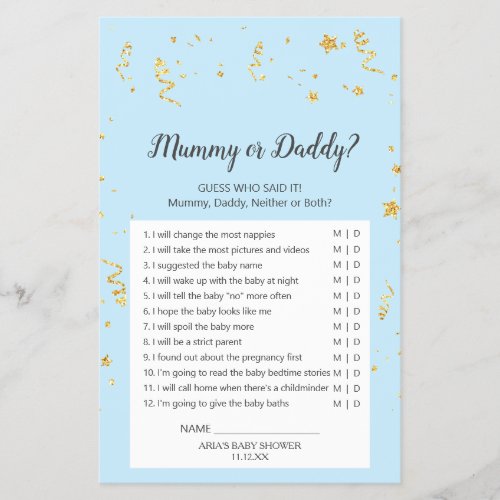 Gold Celebration on Blue Mommy or Daddy Game Flyer