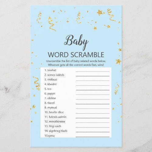 Gold Celebration on Blue UK Baby Word Scramble Flyer