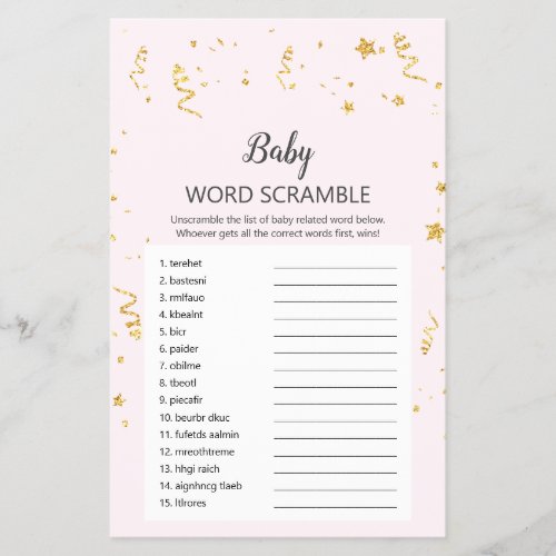 Gold Celebration on Pink Baby Word Scramble Game Flyer