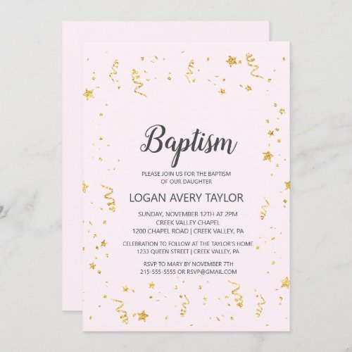 Gold Celebration on Pink Baptism Invitation