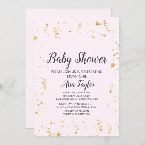 Gold Celebration on Pink Calligraphy Baby Shower Invitation